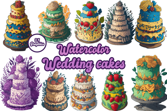 Elegant Floral Wedding Cakes Watercolor Clipart for Designers