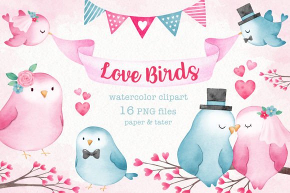 Watercolor Love Birds Clipart for Wedding Designs
