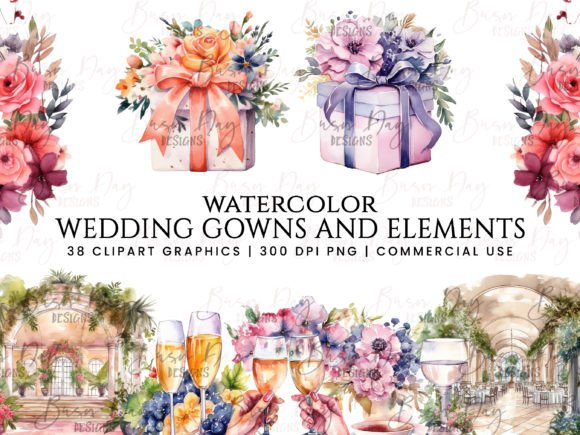 Watercolor Wedding Gowns and Elements for Designers