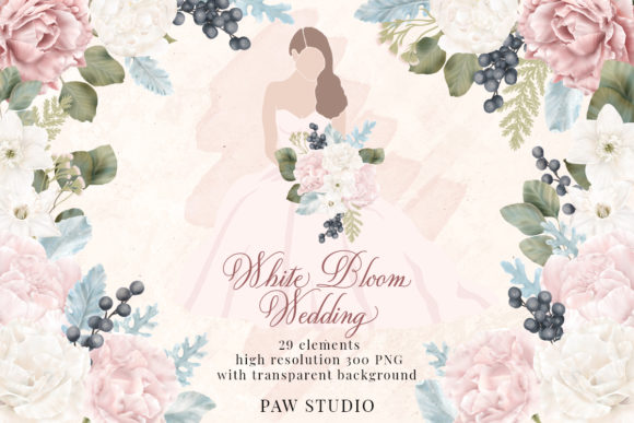 White Pink Flowers Winter Leaves Wedding Clipart for Elegant Design